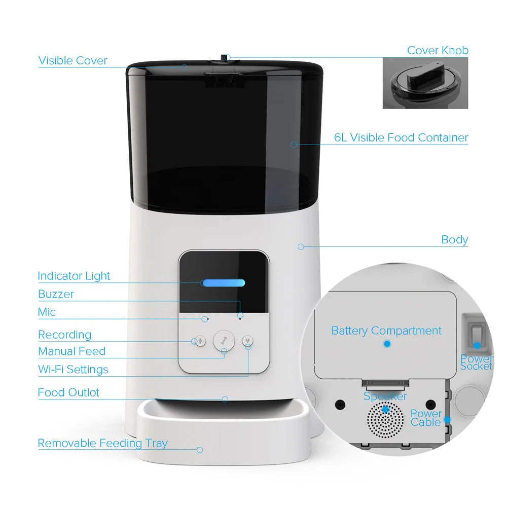 6L Smart Wi-Fi Enabled Automatic Pet Feeder for Cats and Dogs with App Timer and Large Capacity Food Dispenser